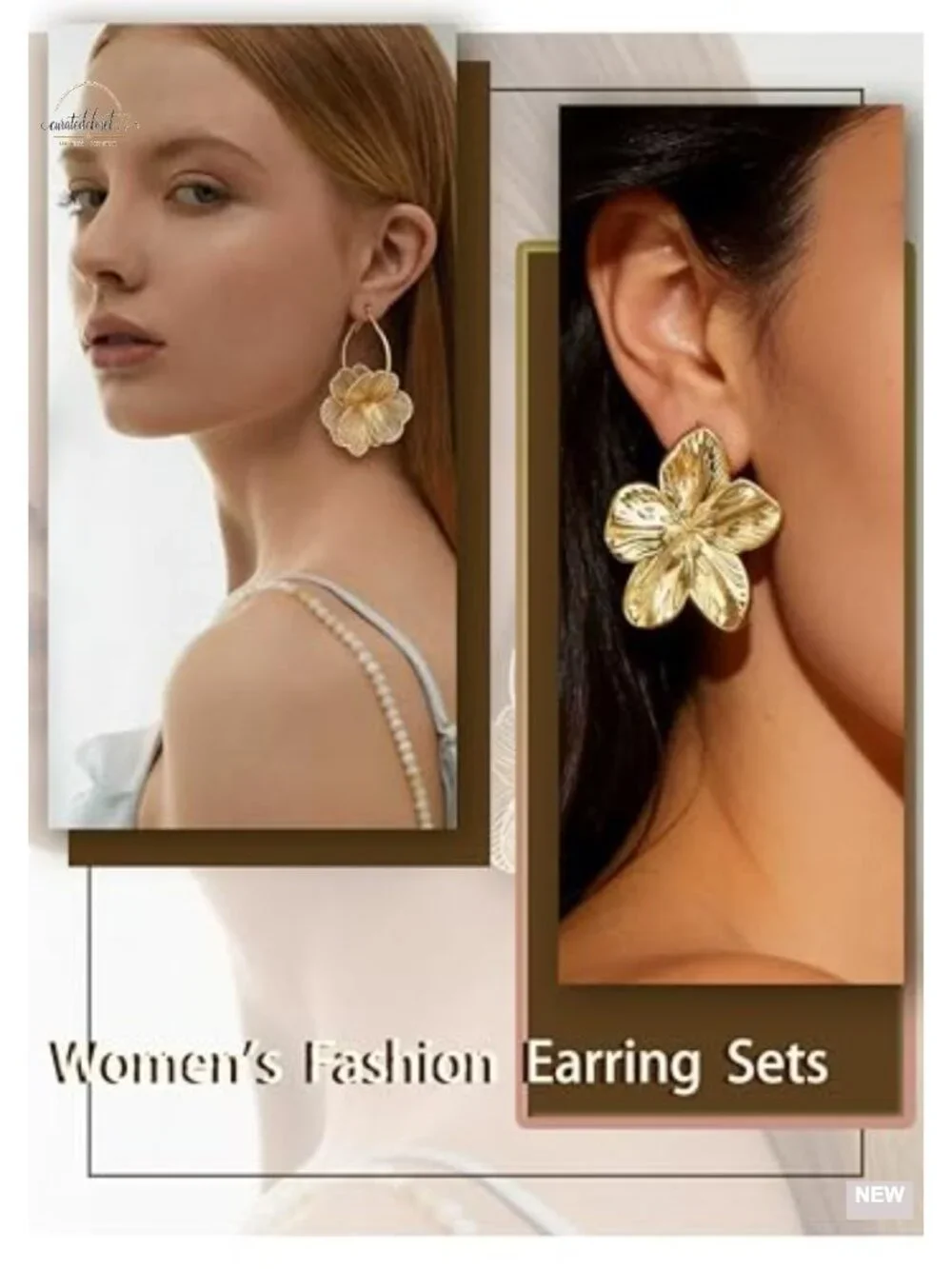 4 Pair Gold Plated Chunky Flower Leaf Hoop Dangle Earrings Set for Women